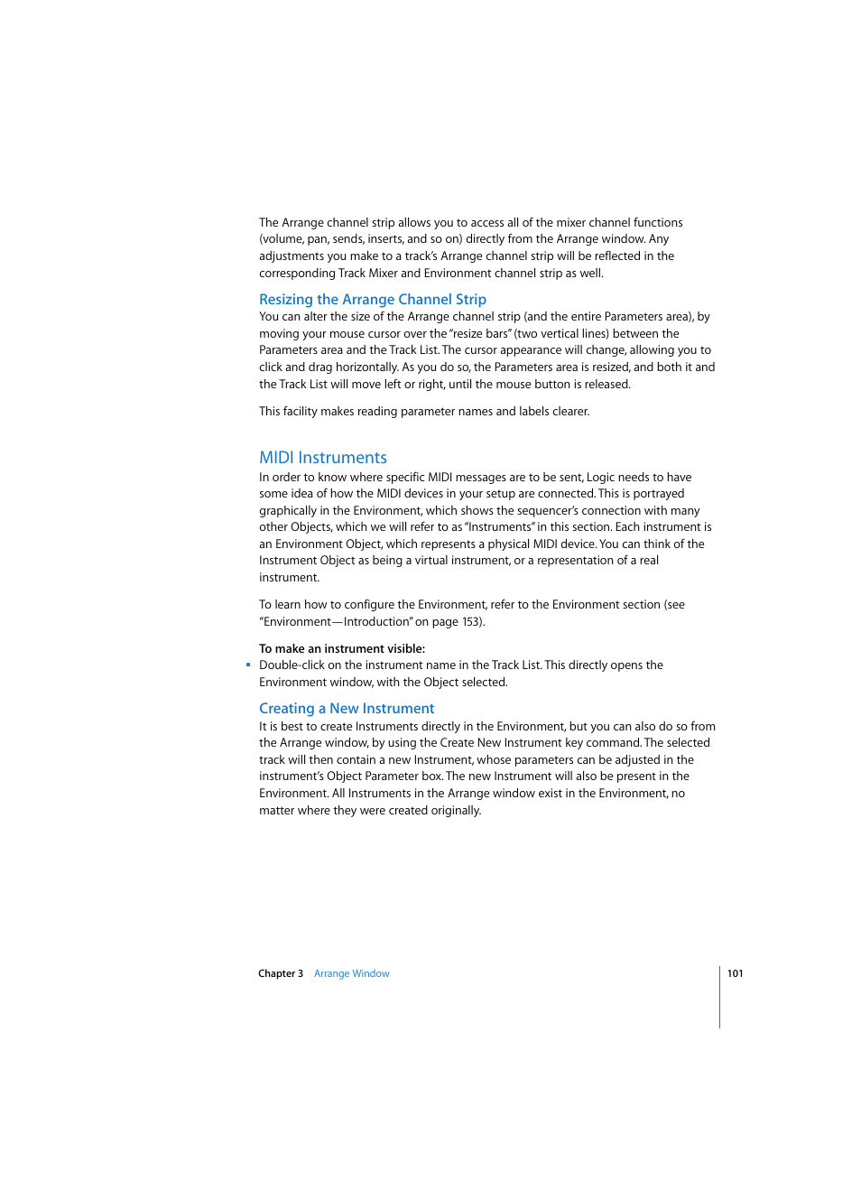 Resizing the arrange channel strip, Midi instruments, Creating a new instrument | Apple Logic Express 7 User Manual | Page 101 / 522