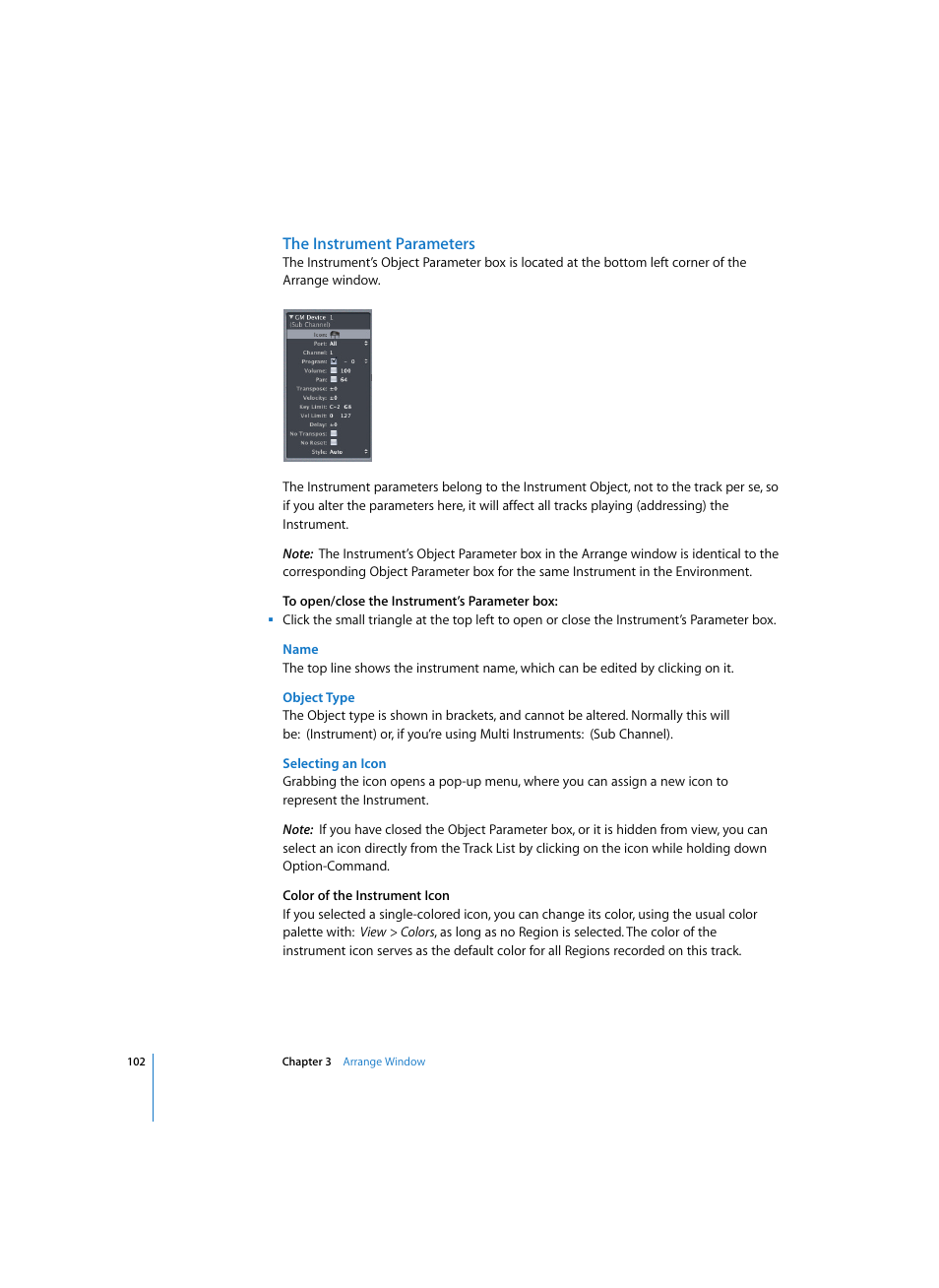 The instrument parameters, Name, Object type | Selecting an icon | Apple Logic Express 7 User Manual | Page 102 / 522