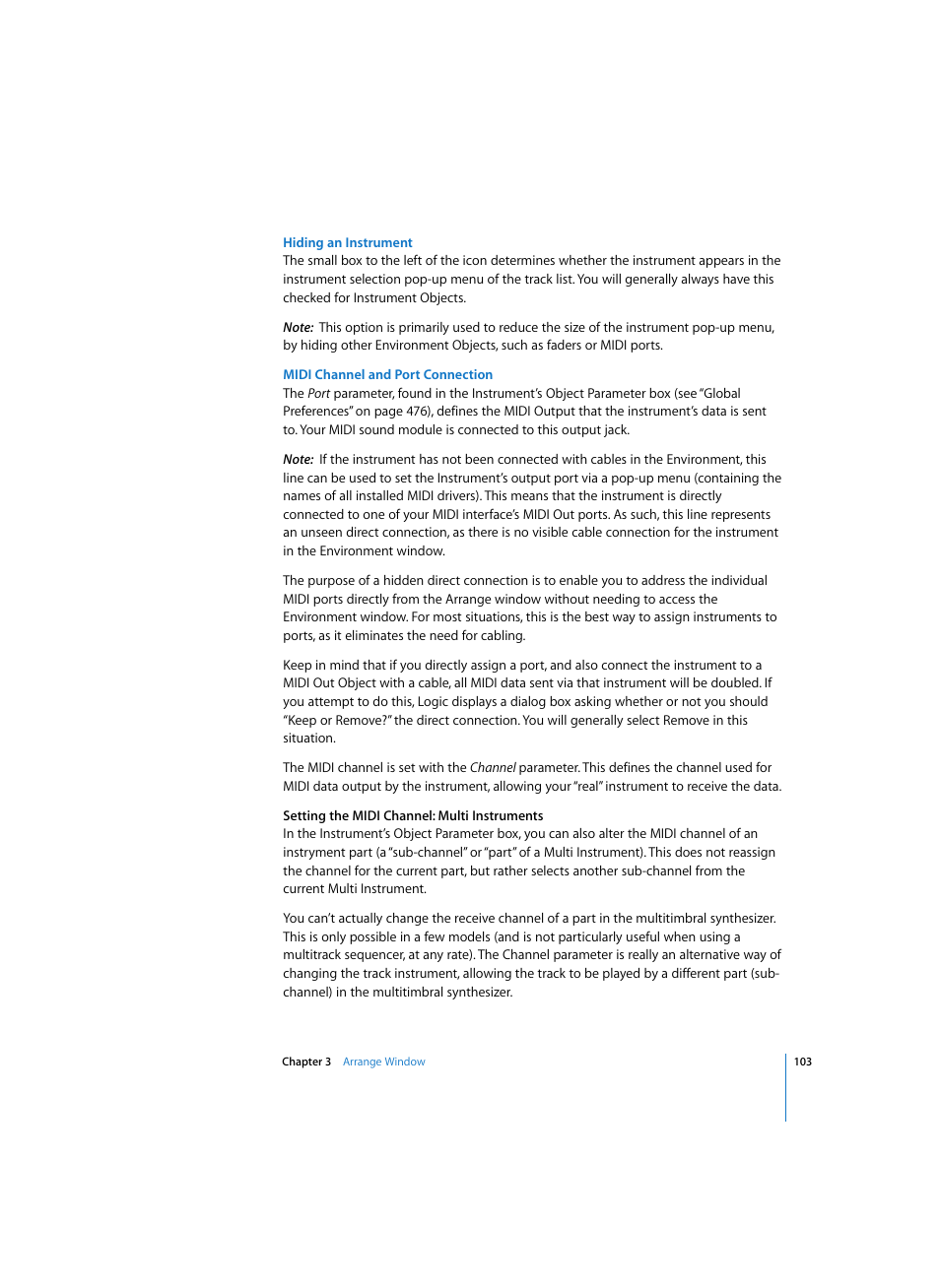 Hiding an instrument, Midi channel and port connection | Apple Logic Express 7 User Manual | Page 103 / 522