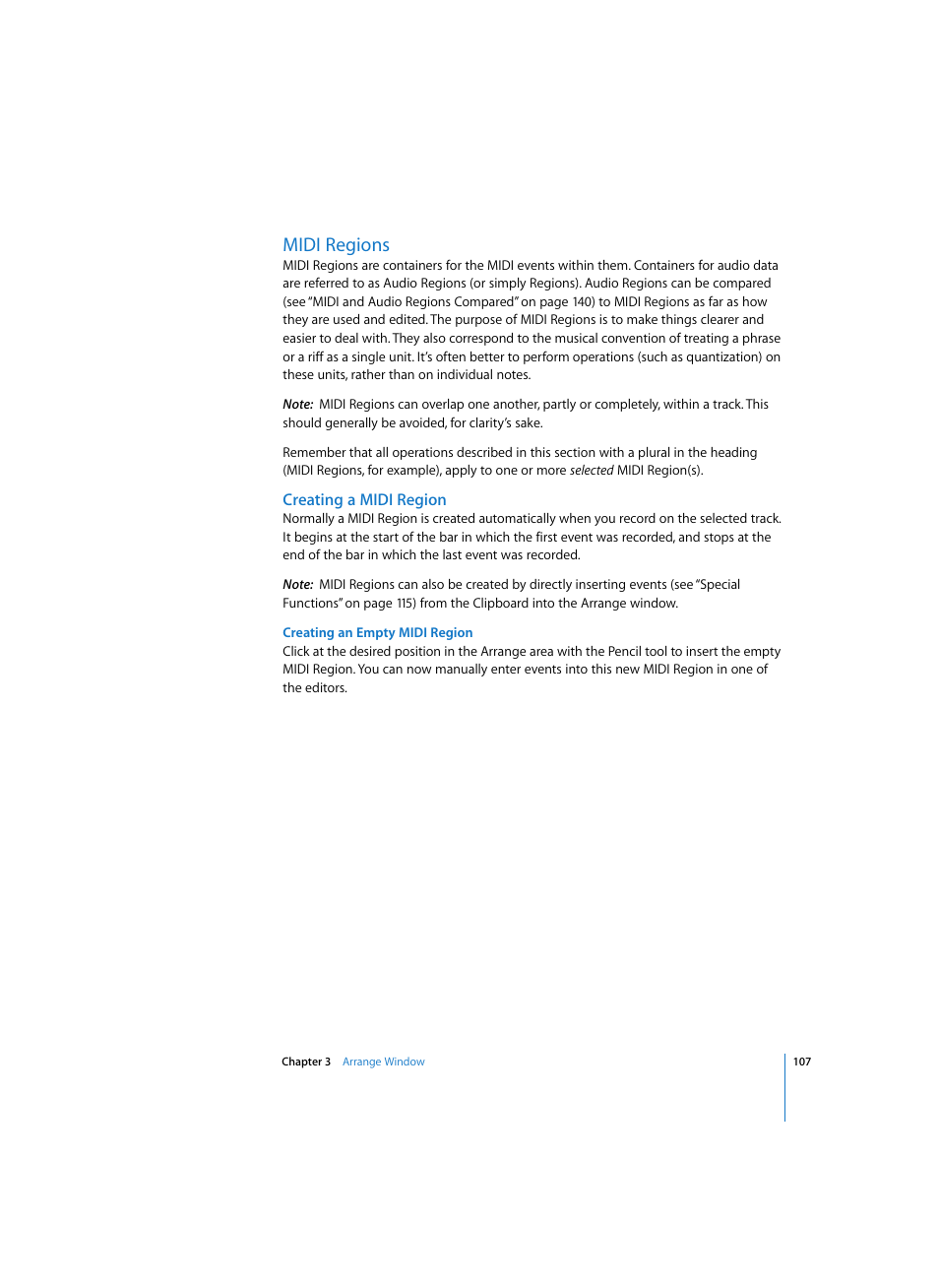 Midi regions, Creating a midi region, Creating an empty midi region | Apple Logic Express 7 User Manual | Page 107 / 522
