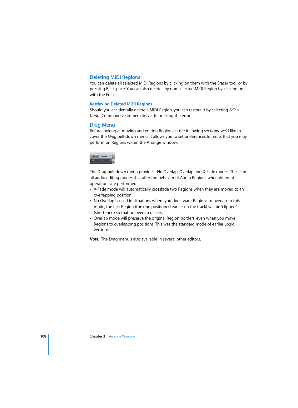 Deleting midi regions, Retrieving deleted midi regions, Drag menu | Apple Logic Express 7 User Manual | Page 108 / 522