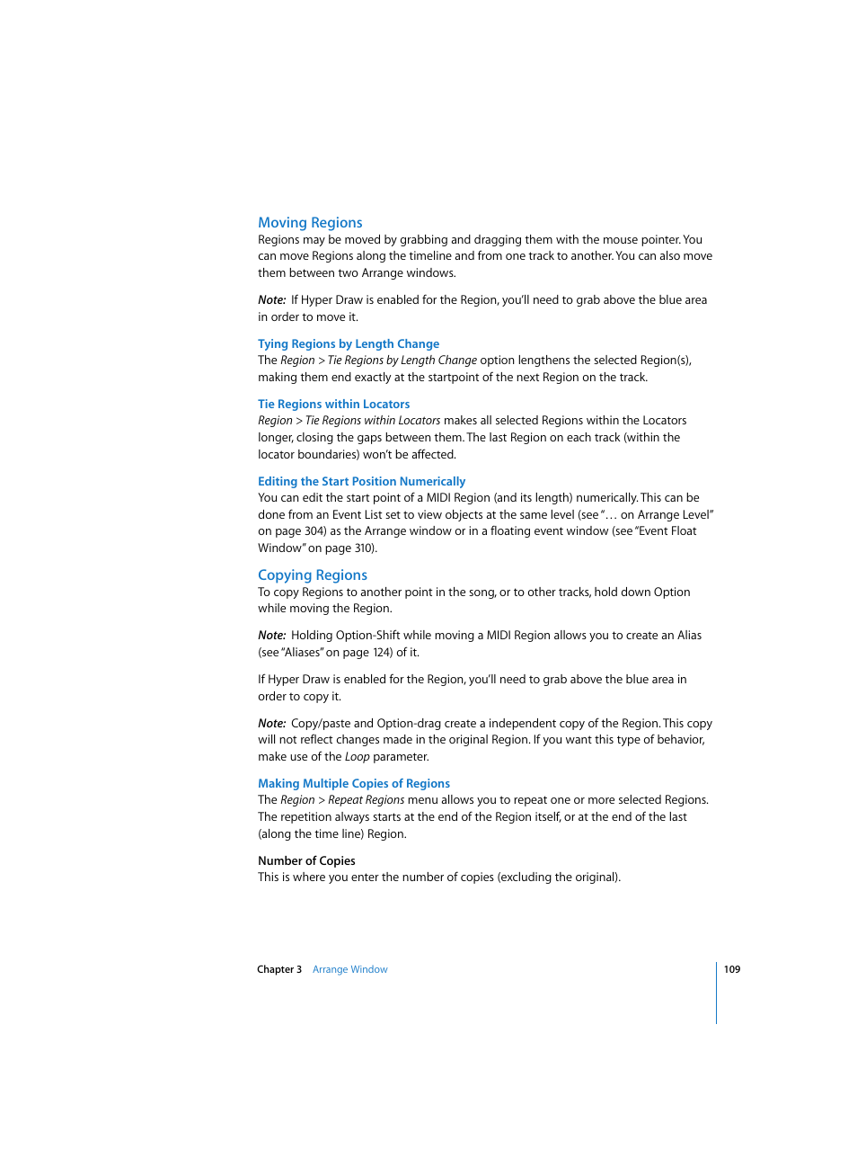 Moving regions, Tying regions by length change, Tie regions within locators | Editing the start position numerically, Copying regions, Making multiple copies of regions | Apple Logic Express 7 User Manual | Page 109 / 522