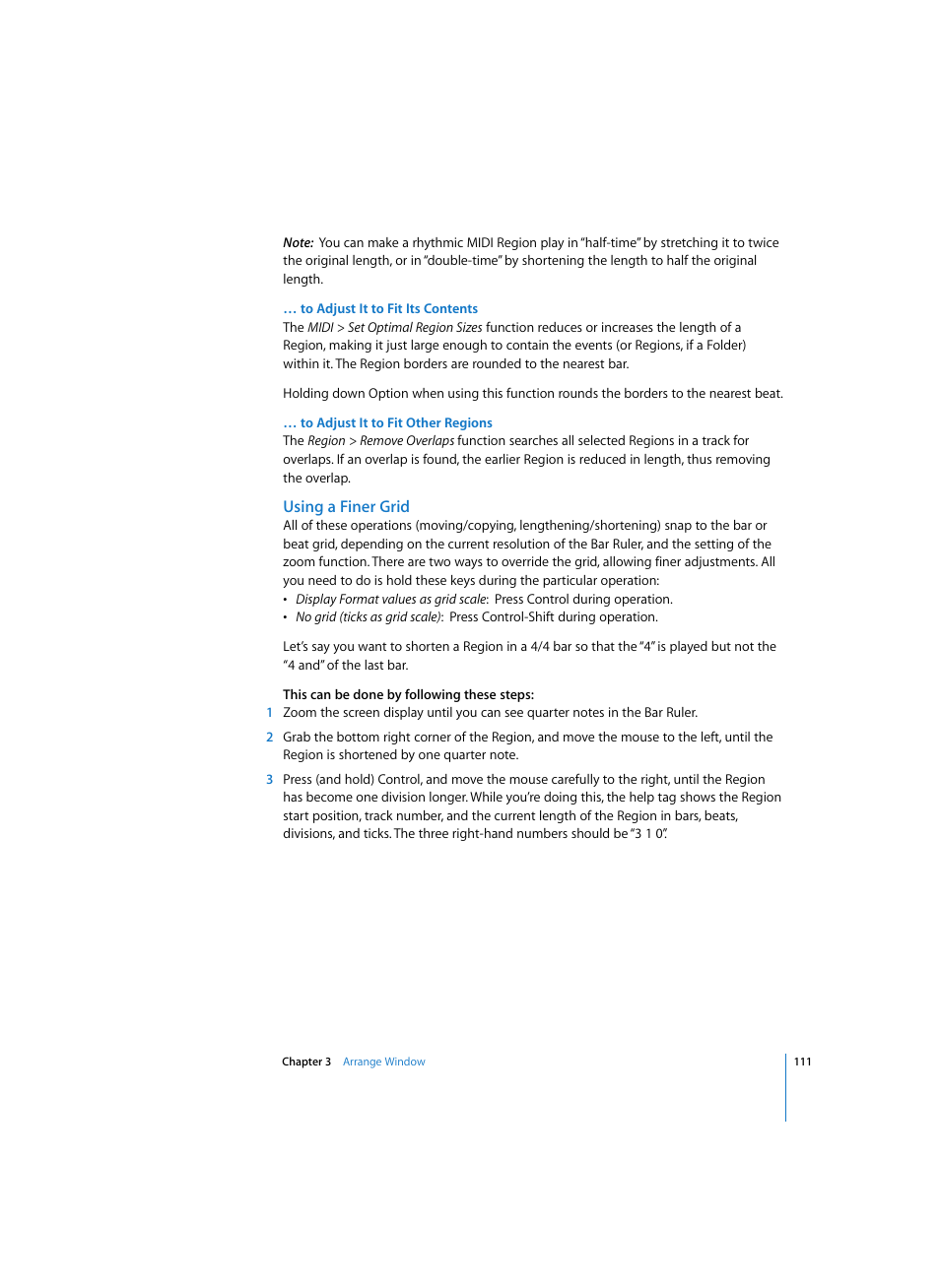 To adjust it to fit its contents, To adjust it to fit other regions, Using a finer grid | Apple Logic Express 7 User Manual | Page 111 / 522
