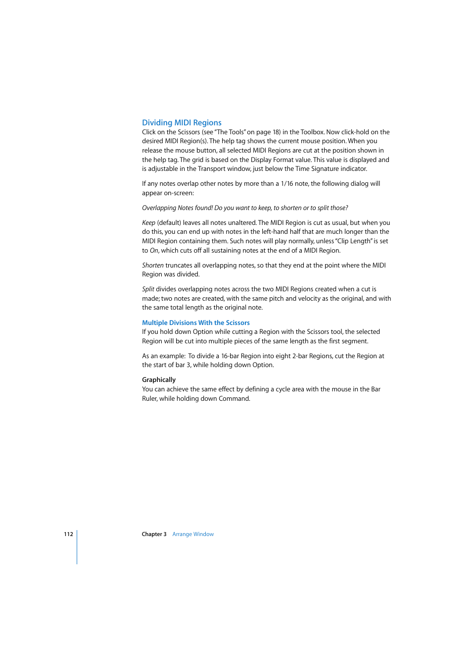 Dividing midi regions, Multiple divisions with the scissors | Apple Logic Express 7 User Manual | Page 112 / 522