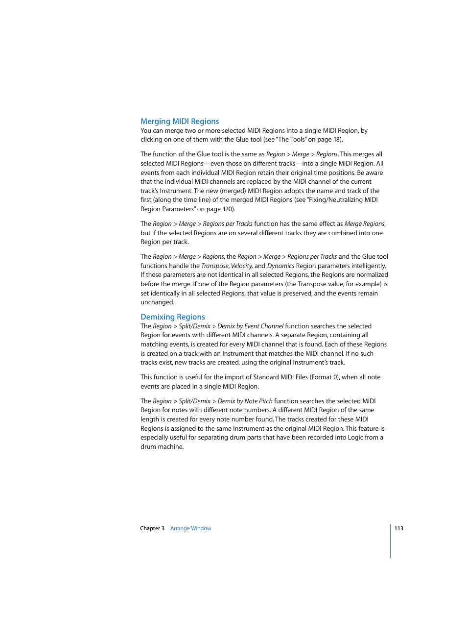 Merging midi regions, Demixing regions | Apple Logic Express 7 User Manual | Page 113 / 522