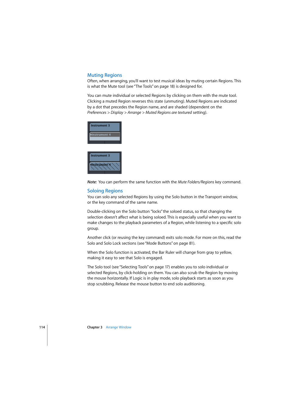 Muting regions, Soloing regions | Apple Logic Express 7 User Manual | Page 114 / 522