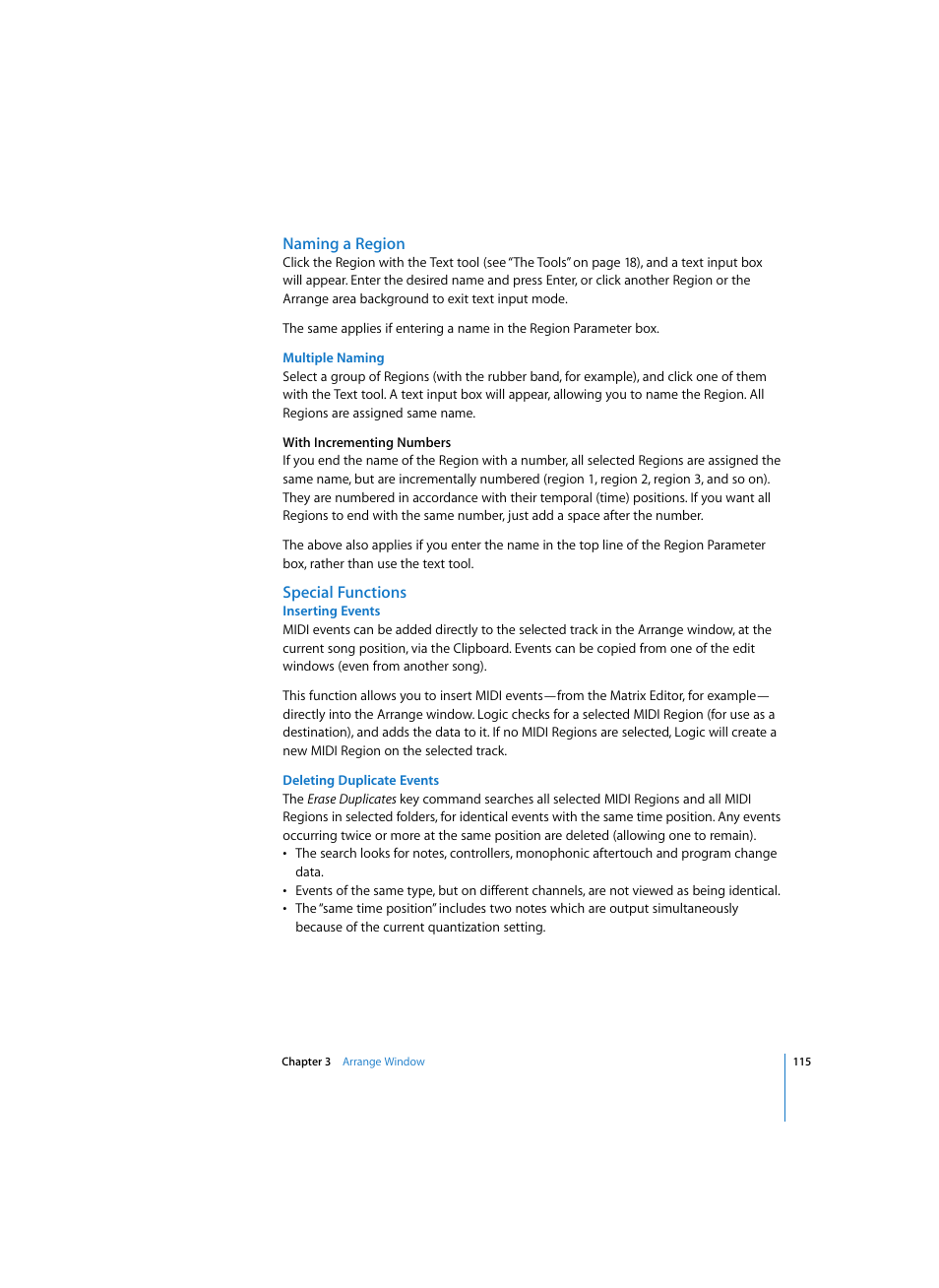 Naming a region, Multiple naming, Special functions | Inserting events, Deleting duplicate events | Apple Logic Express 7 User Manual | Page 115 / 522