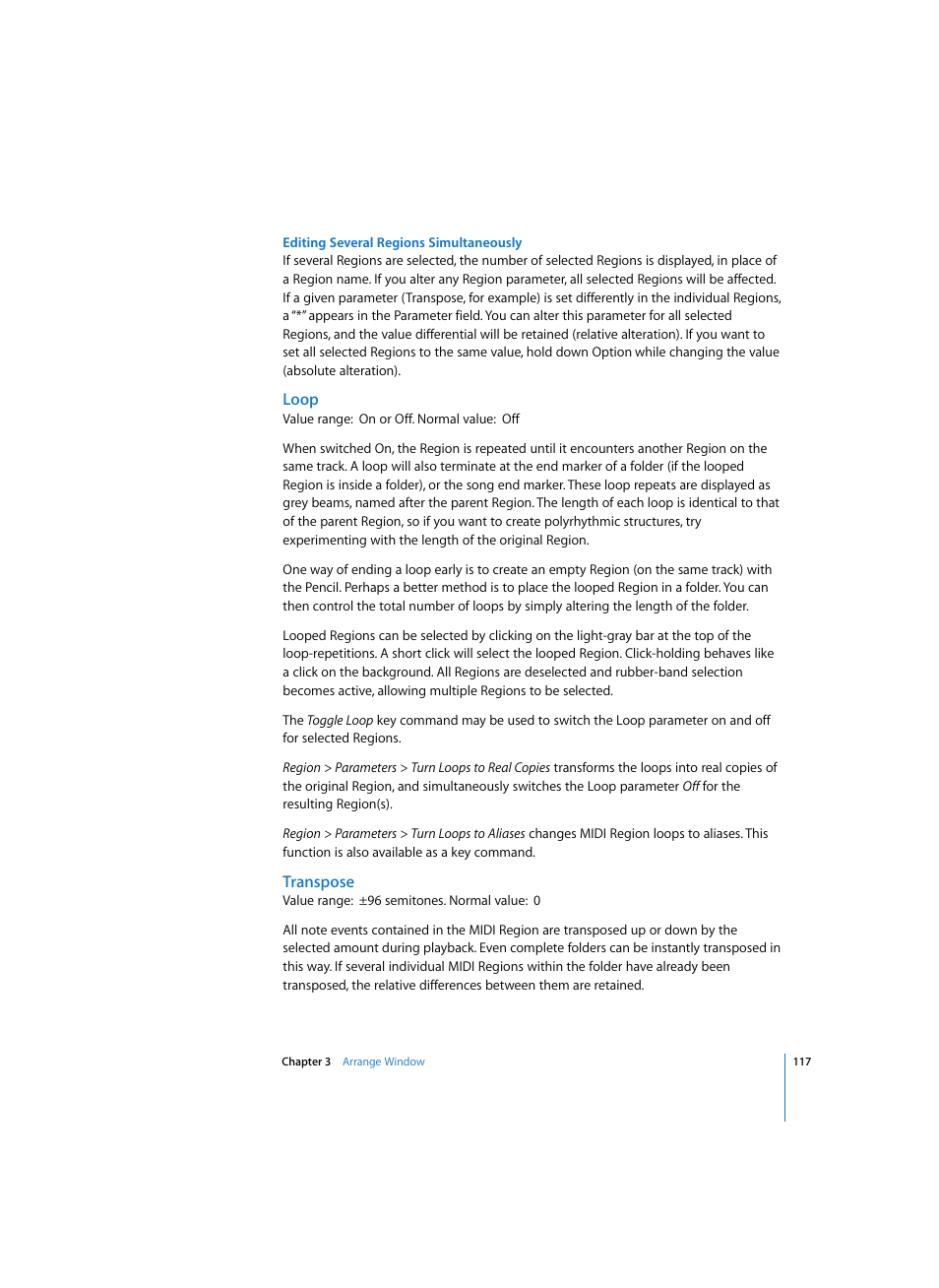 Editing several regions simultaneously, Loop, Transpose | Apple Logic Express 7 User Manual | Page 117 / 522