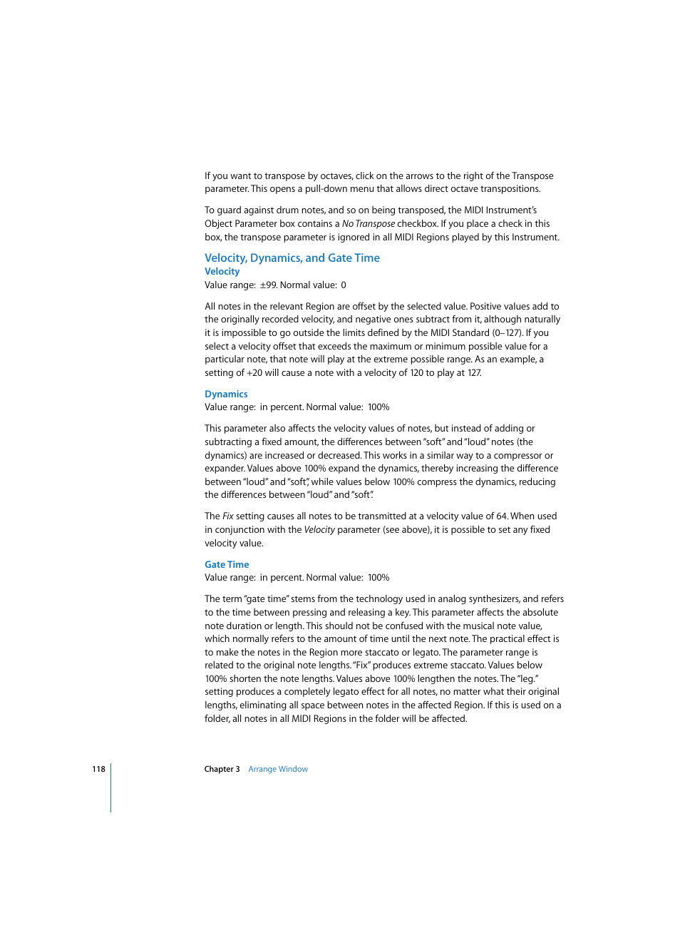 Velocity, dynamics, and gate time, Velocity, Dynamics | Gate time | Apple Logic Express 7 User Manual | Page 118 / 522