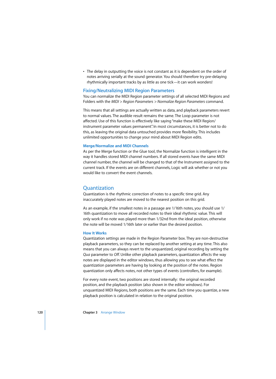 Fixing/neutralizing midi region parameters, Merge/normalize and midi channels, Quantization | How it works | Apple Logic Express 7 User Manual | Page 120 / 522