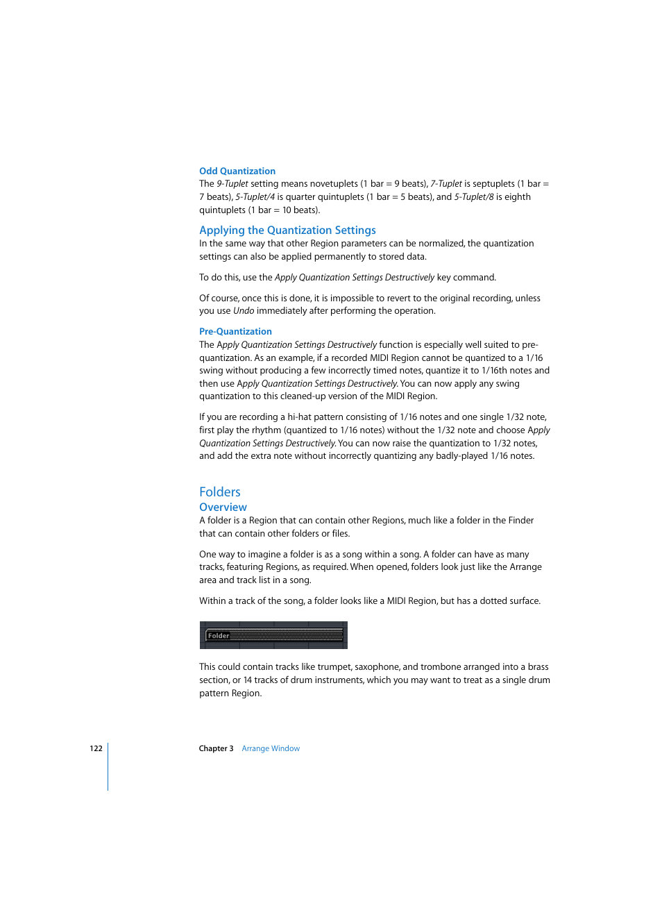 Odd quantization, Applying the quantization settings, Pre-quantization | Folders, Overview | Apple Logic Express 7 User Manual | Page 122 / 522