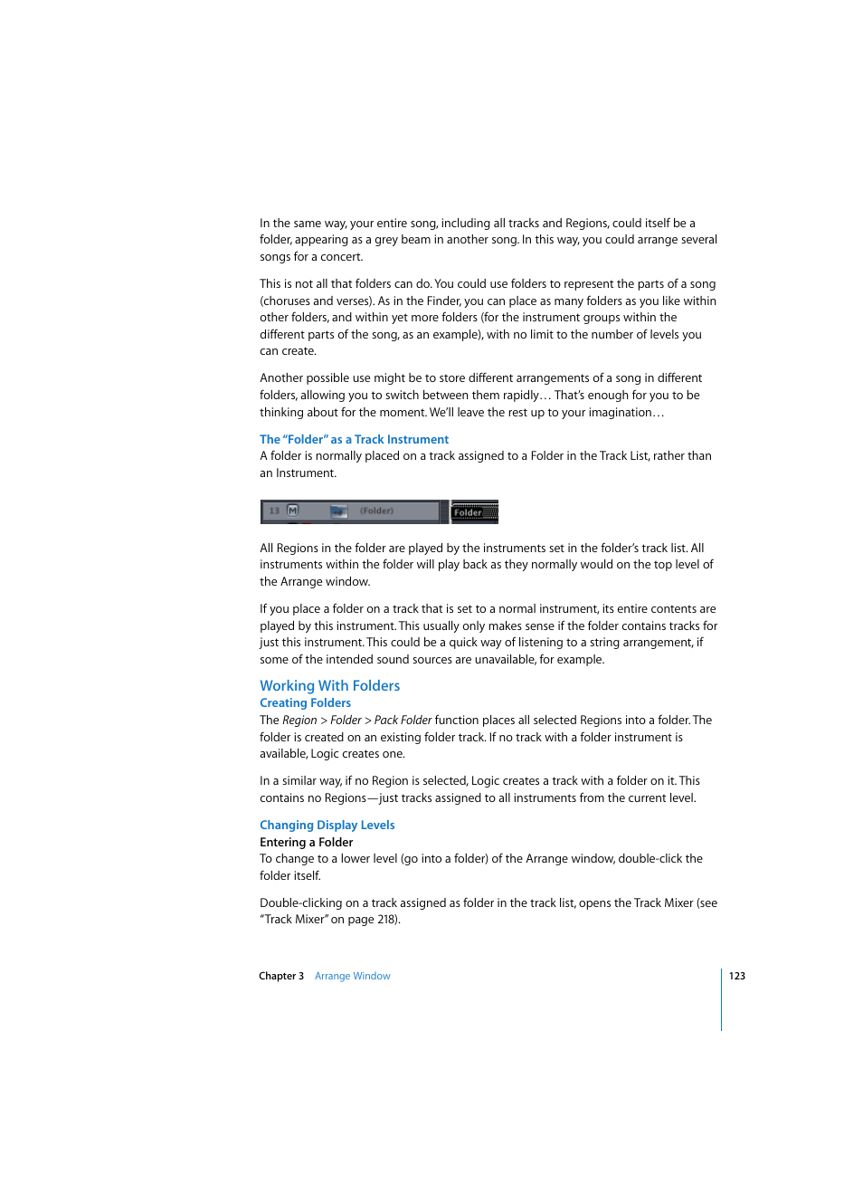 The “folder” as a track instrument, Working with folders, Creating folders | Changing display levels | Apple Logic Express 7 User Manual | Page 123 / 522