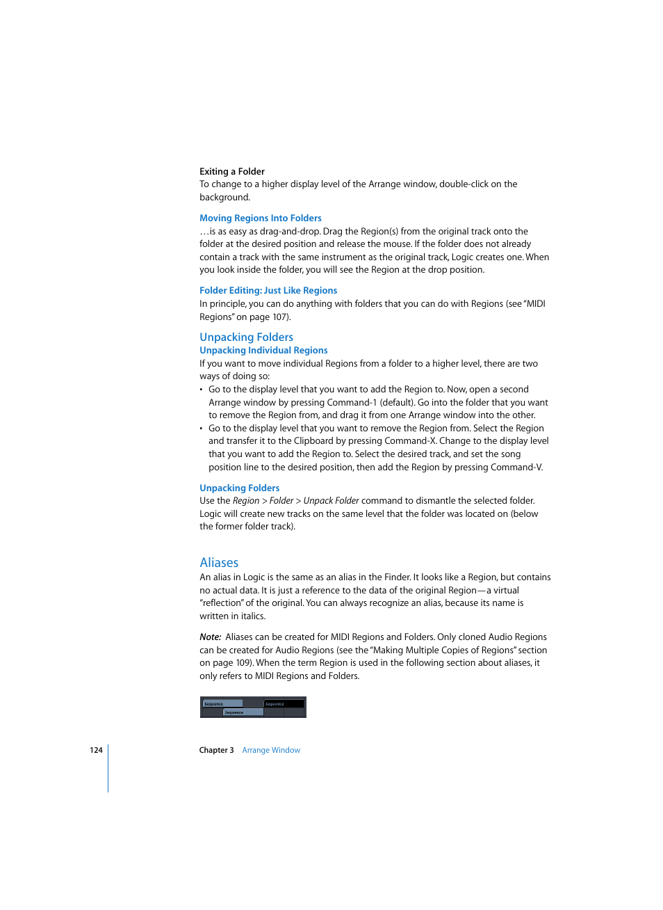 Moving regions into folders, Folder editing: just like regions, Unpacking folders | Unpacking individual regions, Aliases | Apple Logic Express 7 User Manual | Page 124 / 522