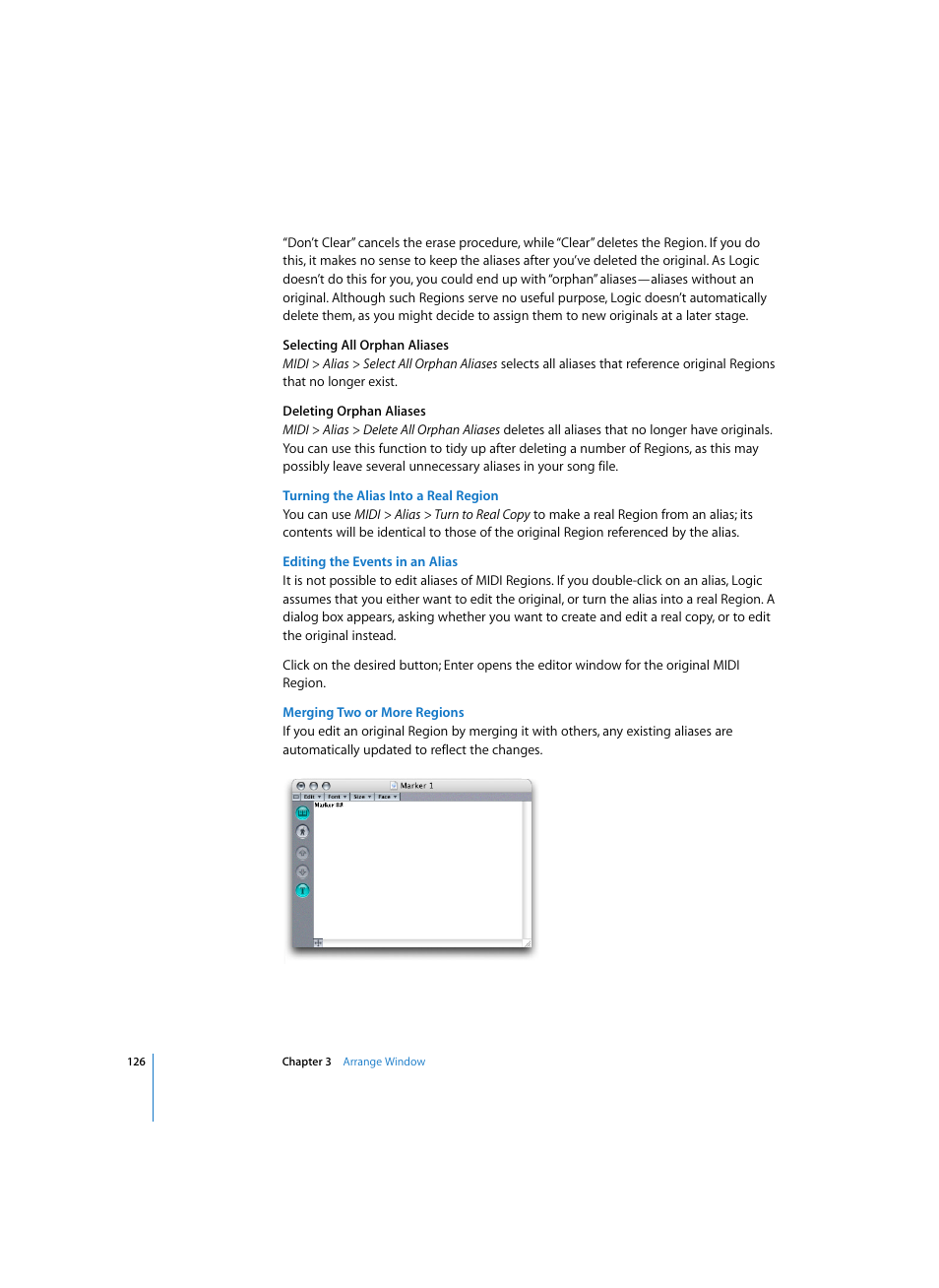 Turning the alias into a real region, Editing the events in an alias, Merging two or more regions | Apple Logic Express 7 User Manual | Page 126 / 522