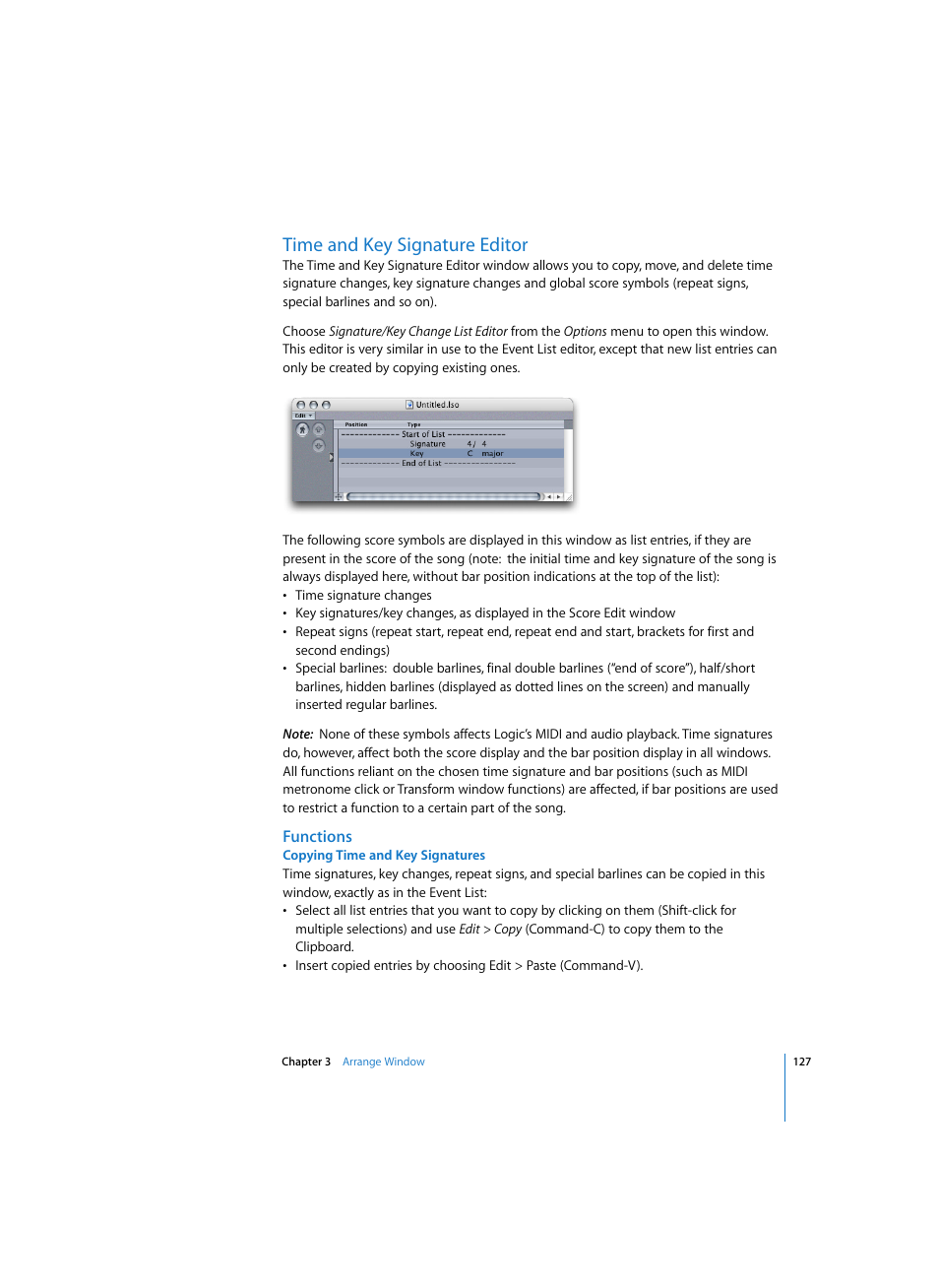 Time and key signature editor, Functions, Copying time and key signatures | Apple Logic Express 7 User Manual | Page 127 / 522