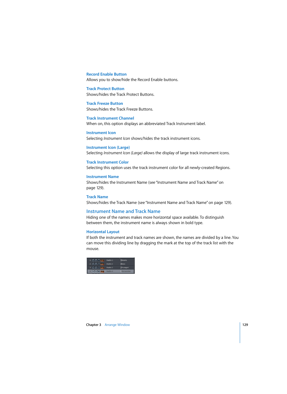Record enable button, Track protect button, Track freeze button | Track instrument channel, Instrument icon, Instrument icon (large), Track instrument color, Instrument name, Track name, Instrument name and track name | Apple Logic Express 7 User Manual | Page 129 / 522