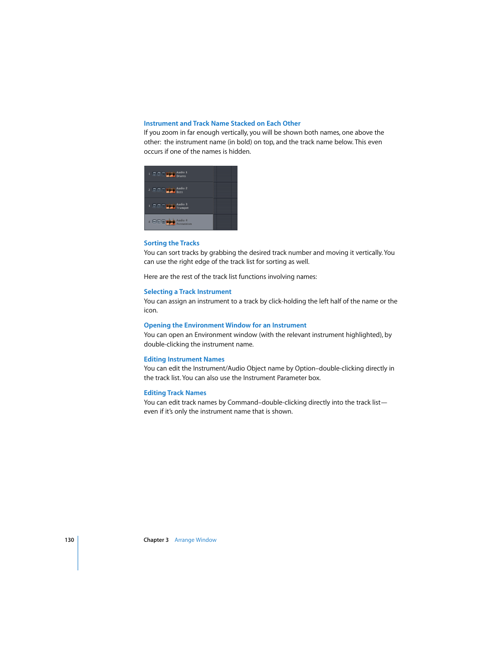 Instrument and track name stacked on each other, Sorting the tracks, Selecting a track instrument | Opening the environment window for an instrument, Editing instrument names, Editing track names | Apple Logic Express 7 User Manual | Page 130 / 522