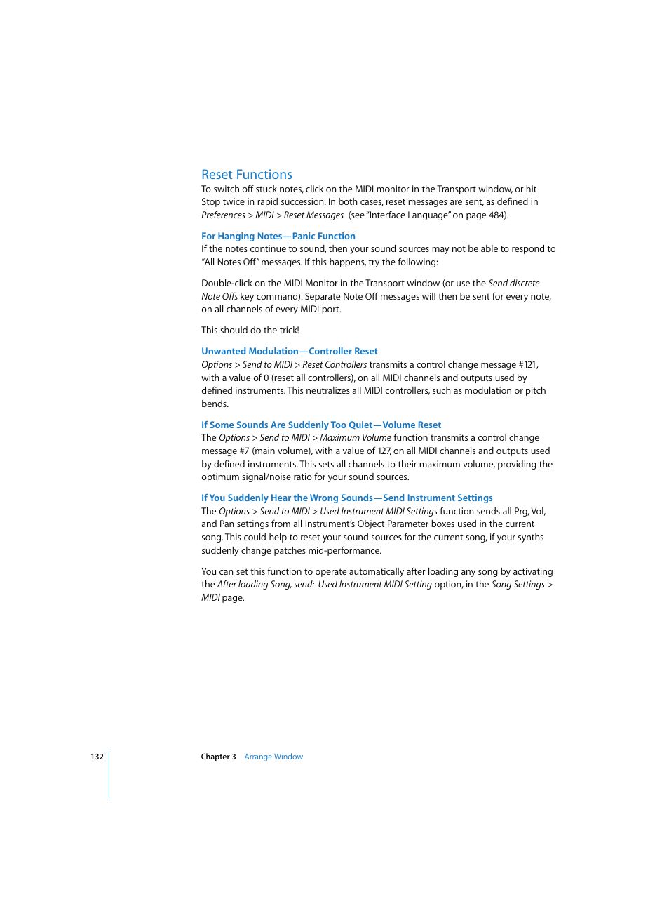 Reset functions, For hanging notes—panic function, Unwanted modulation—controller reset | If some sounds are suddenly too quiet—volume reset | Apple Logic Express 7 User Manual | Page 132 / 522