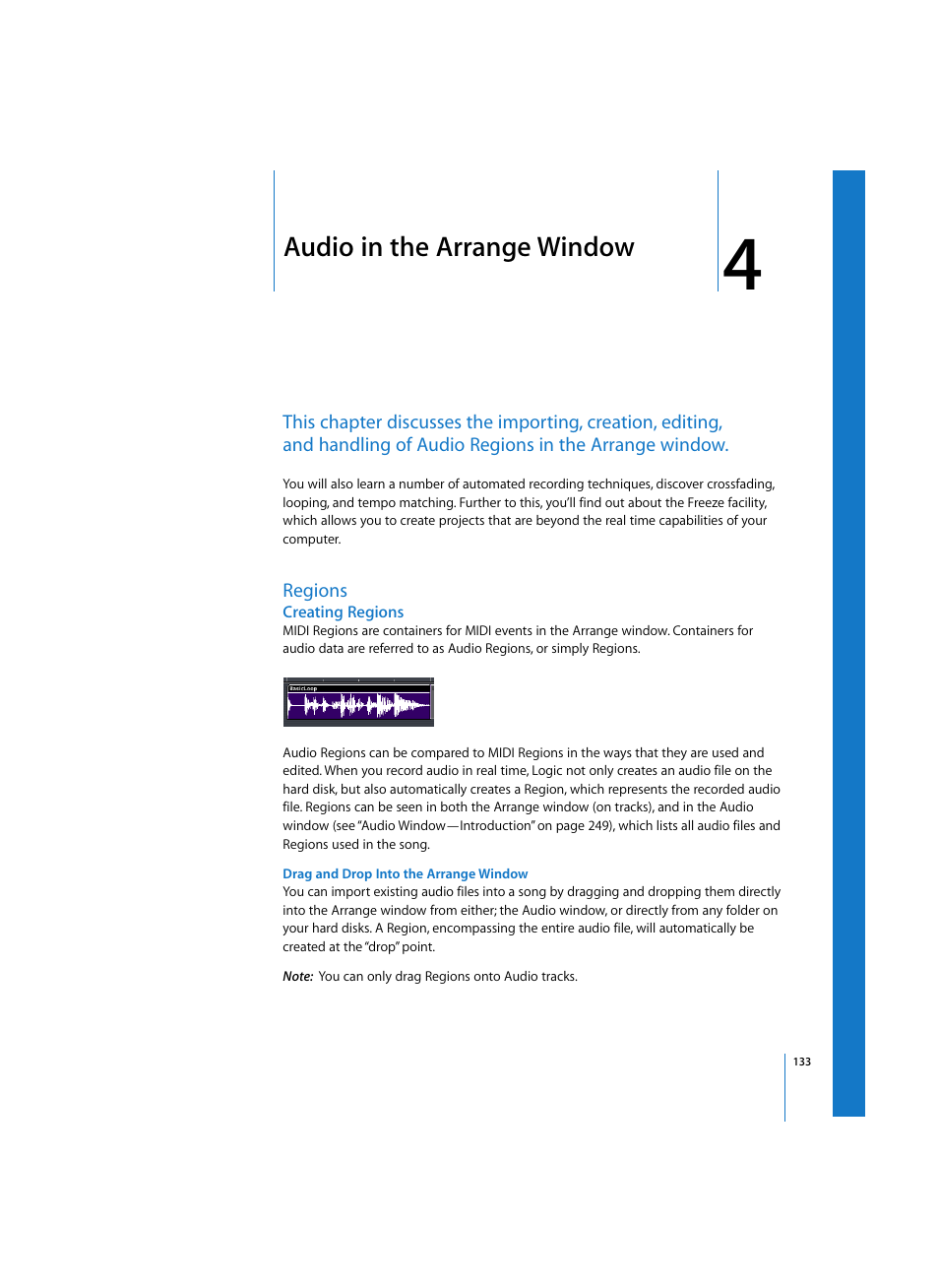 Audio in the arrange window, Regions, Creating regions | Drag and drop into the arrange window | Apple Logic Express 7 User Manual | Page 133 / 522