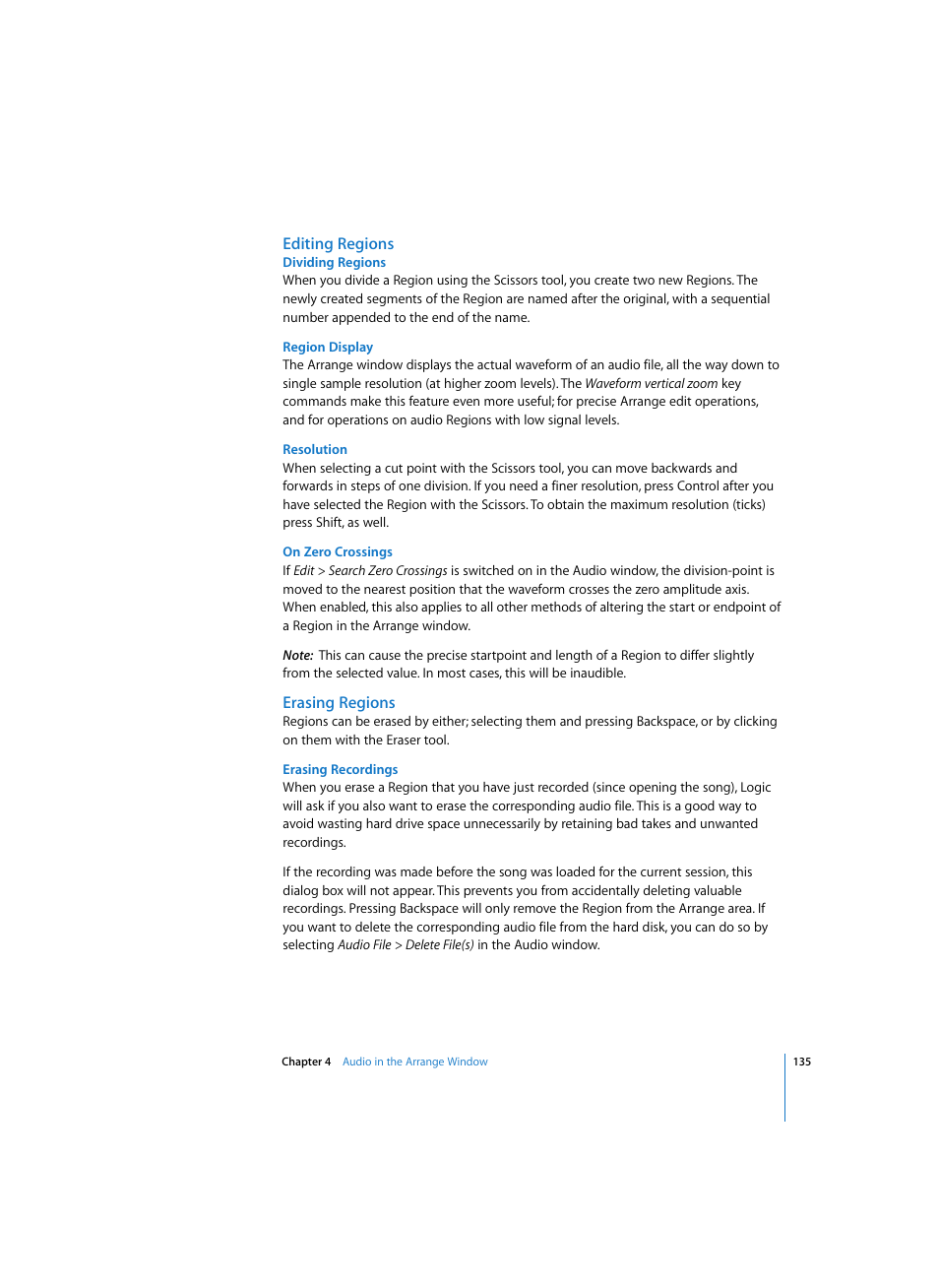 Editing regions, Dividing regions, Region display | Resolution, On zero crossings, Erasing regions, Erasing recordings | Apple Logic Express 7 User Manual | Page 135 / 522