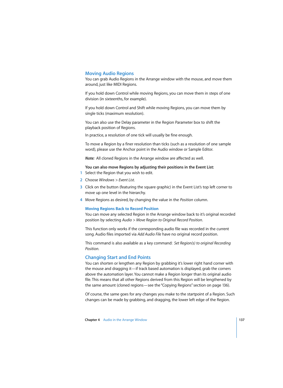 Moving audio regions, Moving regions back to record position, Changing start and end points | Apple Logic Express 7 User Manual | Page 137 / 522