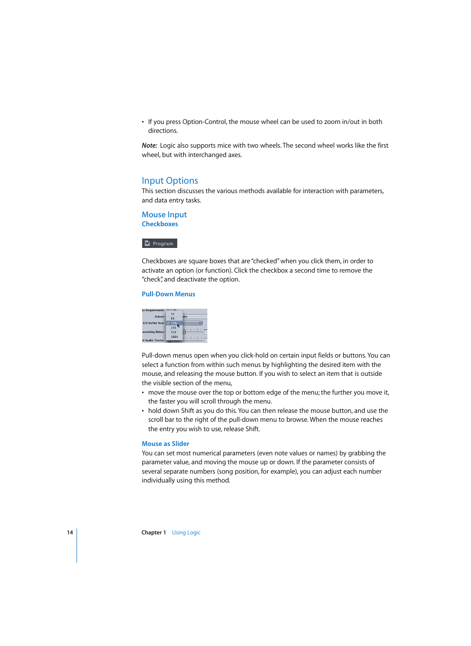 Input options, Mouse input, Checkboxes | Pull-down menus, Mouse as slider | Apple Logic Express 7 User Manual | Page 14 / 522