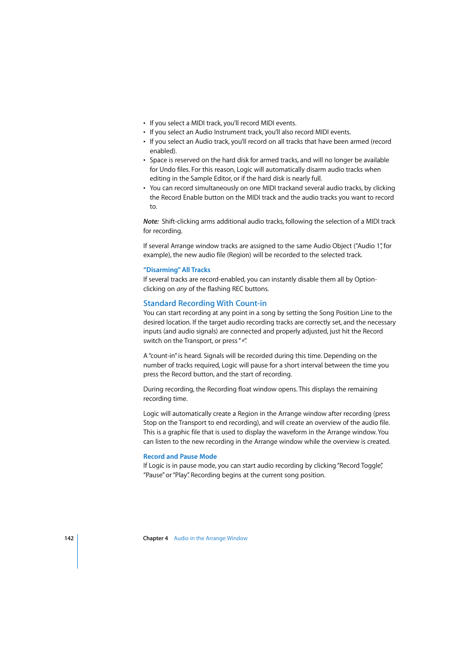Disarming” all tracks, Standard recording with count-in, Record and pause mode | Apple Logic Express 7 User Manual | Page 142 / 522