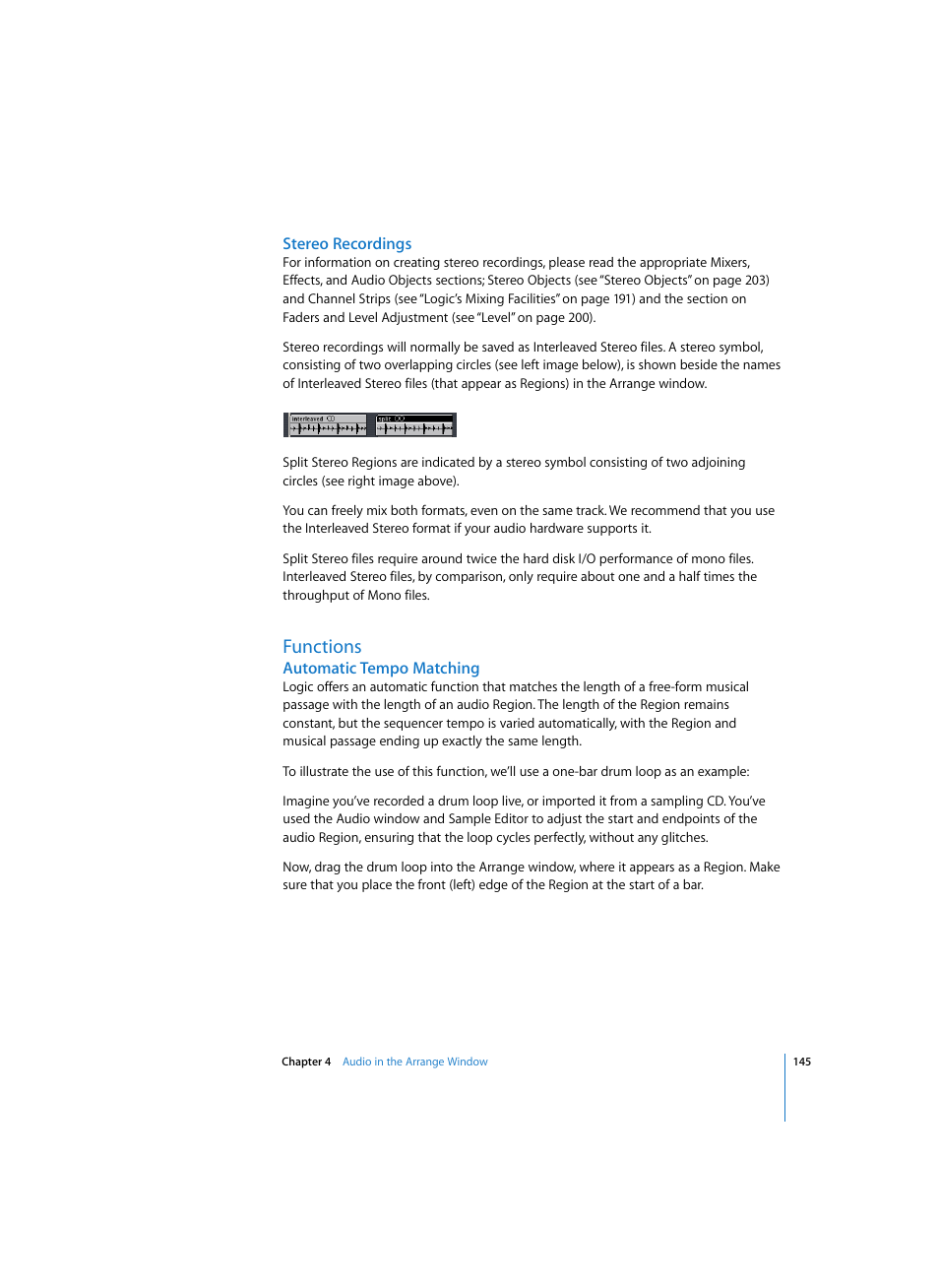 Stereo recordings, Functions, Automatic tempo matching | Apple Logic Express 7 User Manual | Page 145 / 522