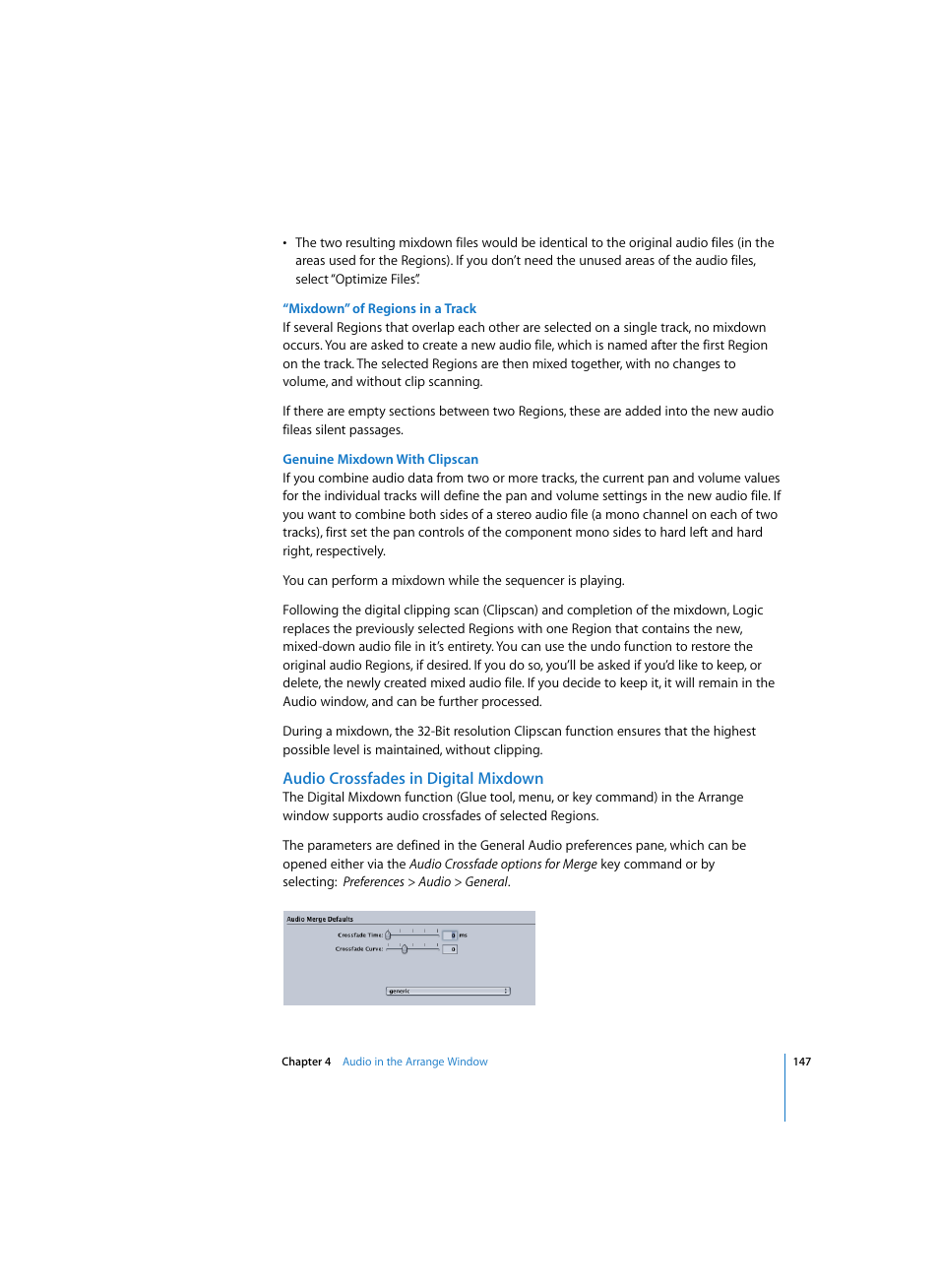 Mixdown” of regions in a track, Genuine mixdown with clipscan, Audio crossfades in digital mixdown | Apple Logic Express 7 User Manual | Page 147 / 522