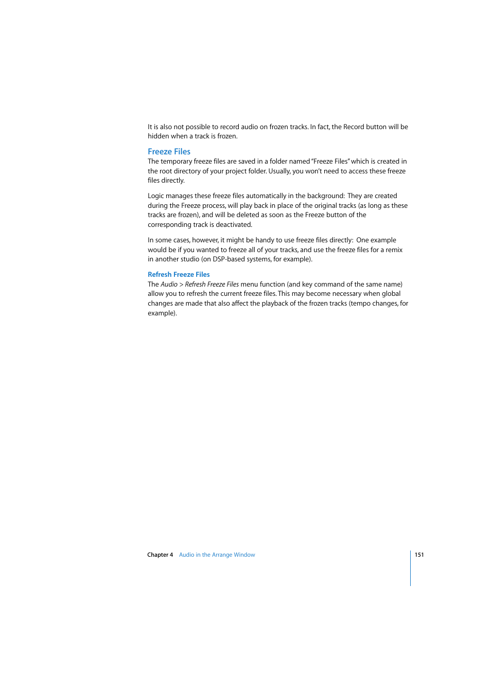 Freeze files, Refresh freeze files | Apple Logic Express 7 User Manual | Page 151 / 522
