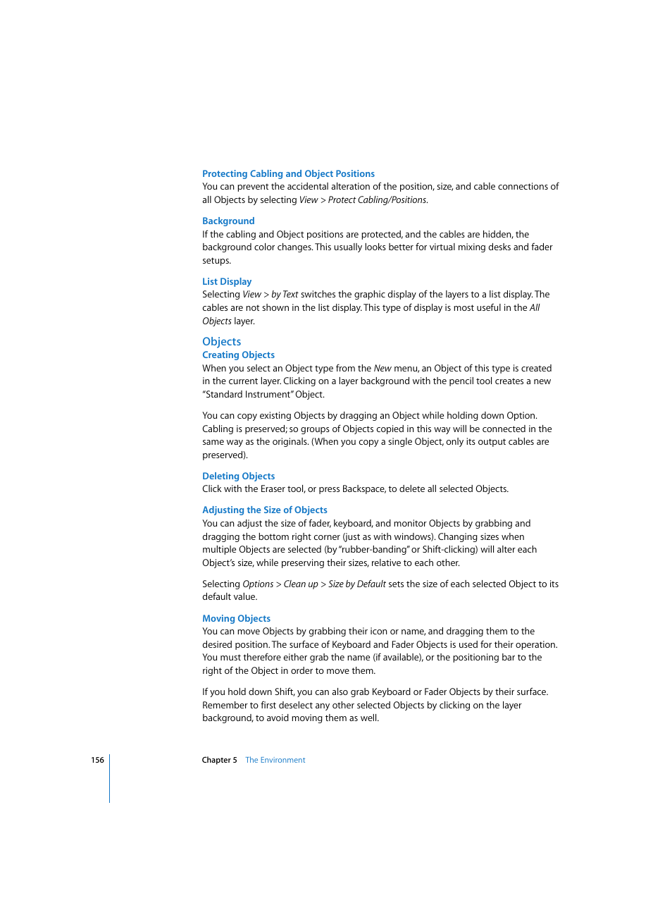 Protecting cabling and object positions, Background, List display | Objects, Creating objects, Deleting objects, Adjusting the size of objects, Moving objects | Apple Logic Express 7 User Manual | Page 156 / 522