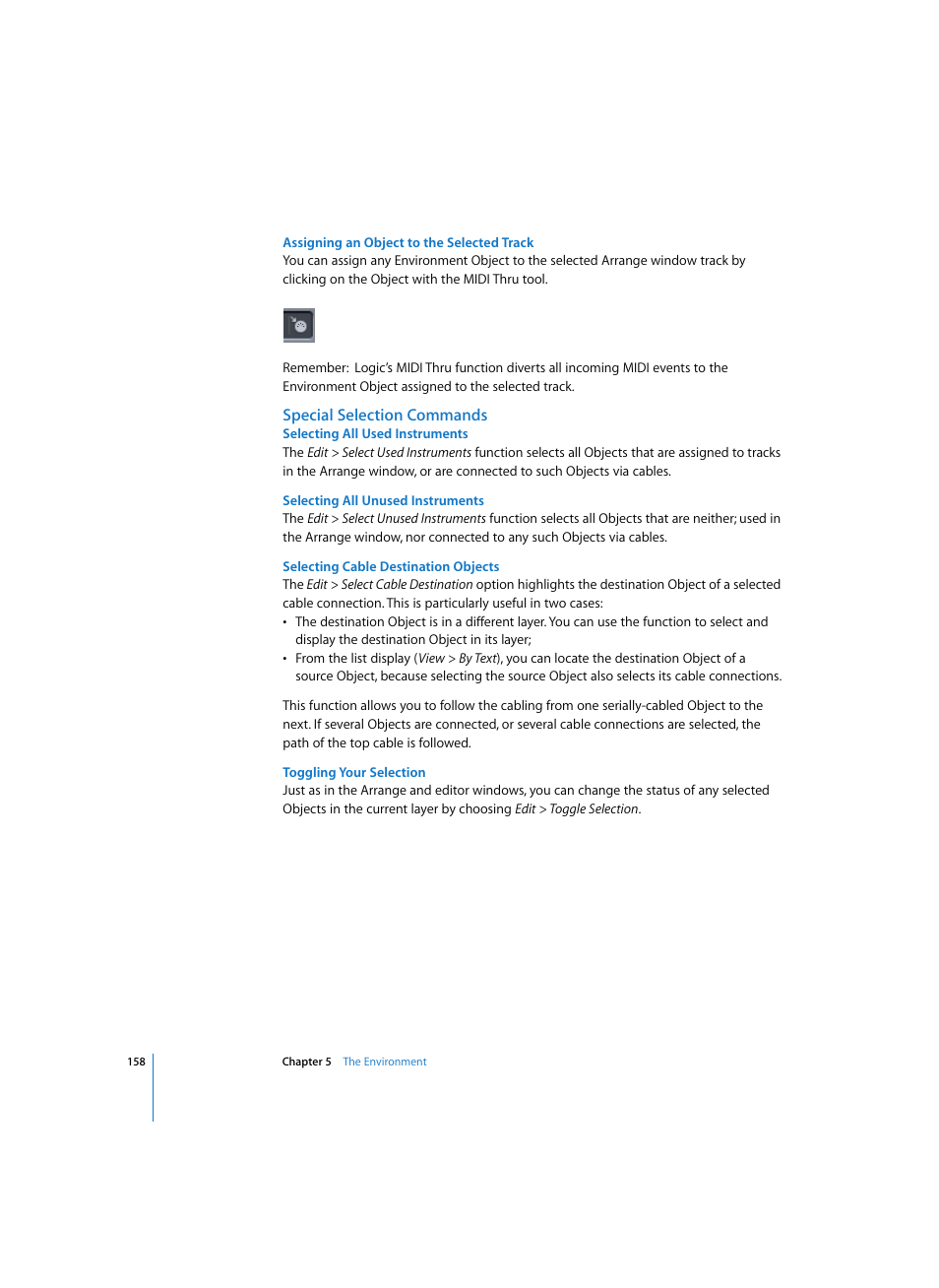 Assigning an object to the selected track, Special selection commands, Selecting all used instruments | Selecting all unused instruments, Selecting cable destination objects, Toggling your selection | Apple Logic Express 7 User Manual | Page 158 / 522