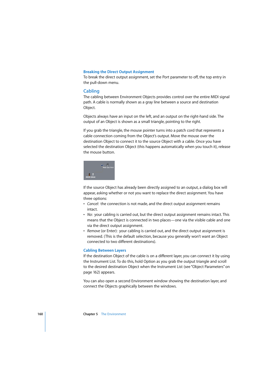 Breaking the direct output assignment, Cabling, Cabling between layers | Apple Logic Express 7 User Manual | Page 160 / 522