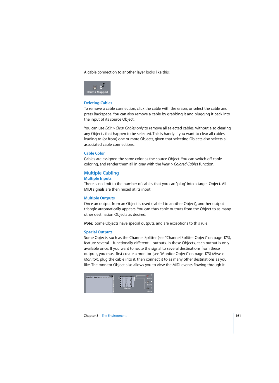 Deleting cables, Cable color, Multiple cabling | Multiple inputs, Multiple outputs, Special outputs | Apple Logic Express 7 User Manual | Page 161 / 522