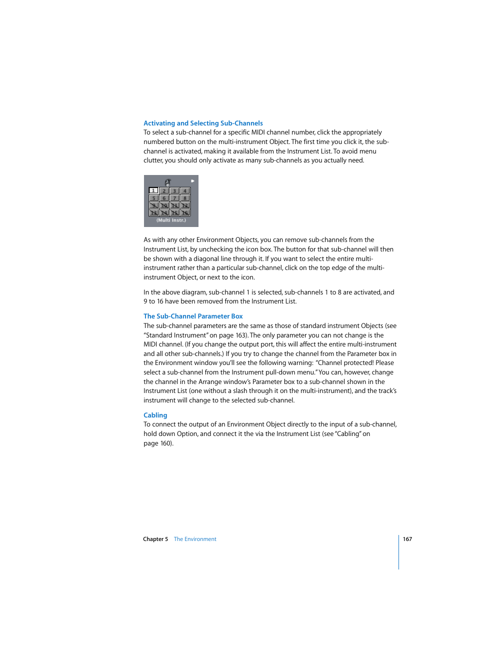 Activating and selecting sub-channels, The sub-channel parameter box, Cabling | Apple Logic Express 7 User Manual | Page 167 / 522