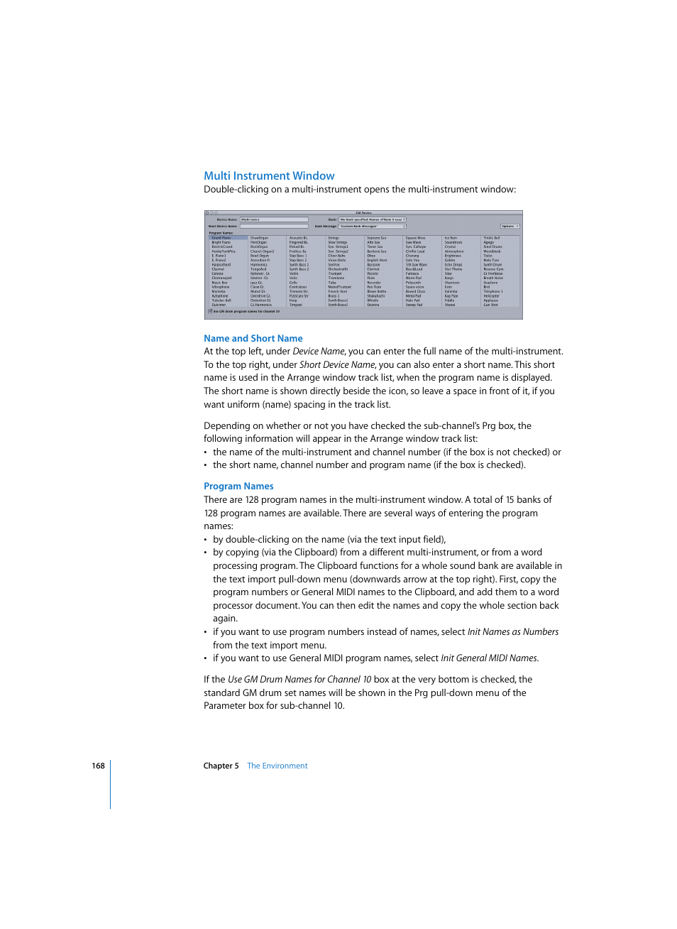Multi instrument window, Name and short name, Program names | Apple Logic Express 7 User Manual | Page 168 / 522