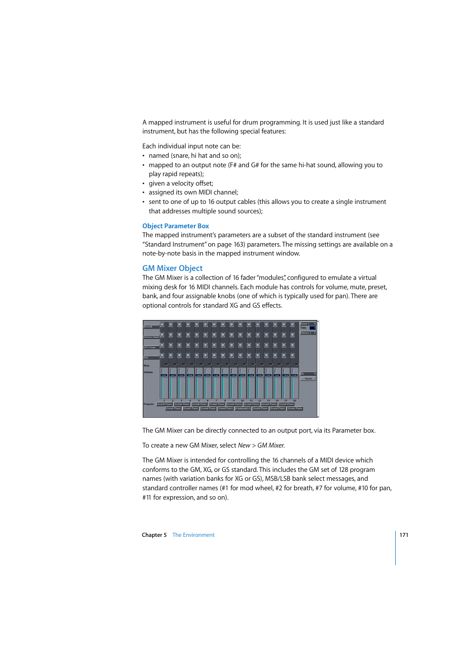 Object parameter box, Gm mixer object | Apple Logic Express 7 User Manual | Page 171 / 522