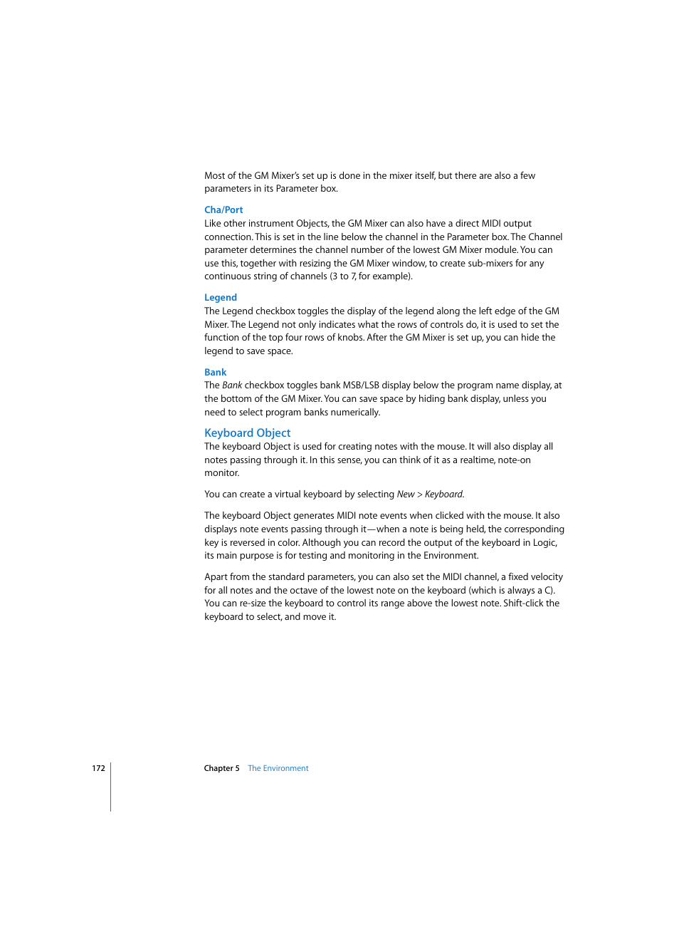 Cha/port, Legend, Bank | Keyboard object | Apple Logic Express 7 User Manual | Page 172 / 522