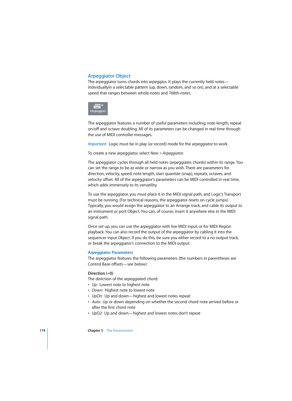 Arpeggiator object, Arpeggiator parameters | Apple Logic Express 7 User Manual | Page 174 / 522