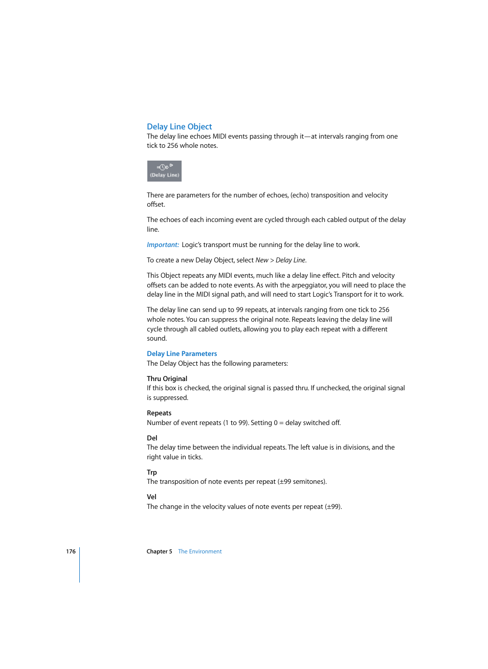 Delay line object, Delay line parameters | Apple Logic Express 7 User Manual | Page 176 / 522
