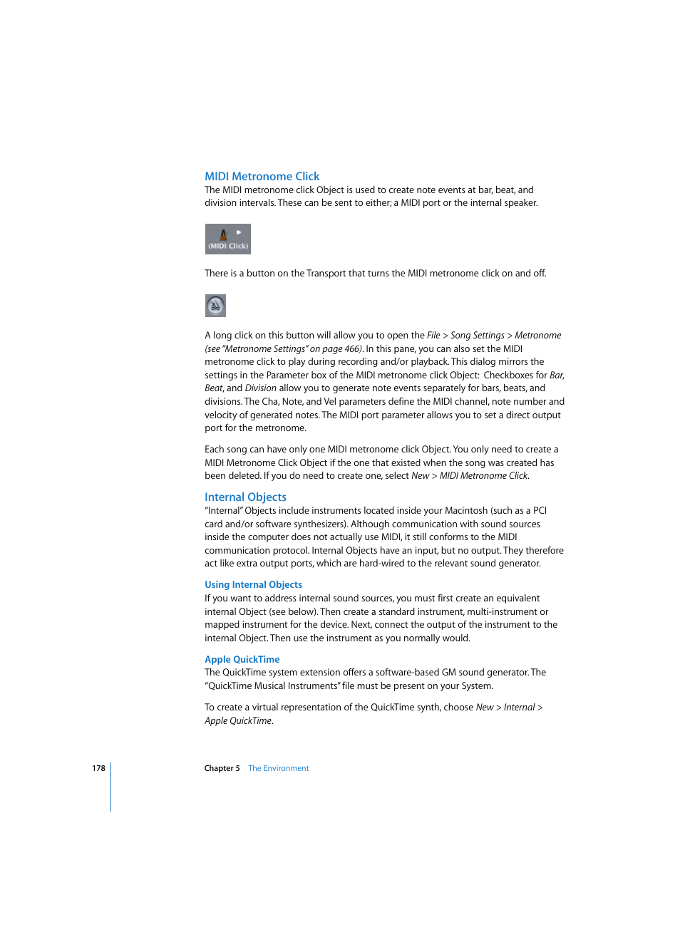 Midi metronome click, Internal objects, Using internal objects | Apple quicktime | Apple Logic Express 7 User Manual | Page 178 / 522