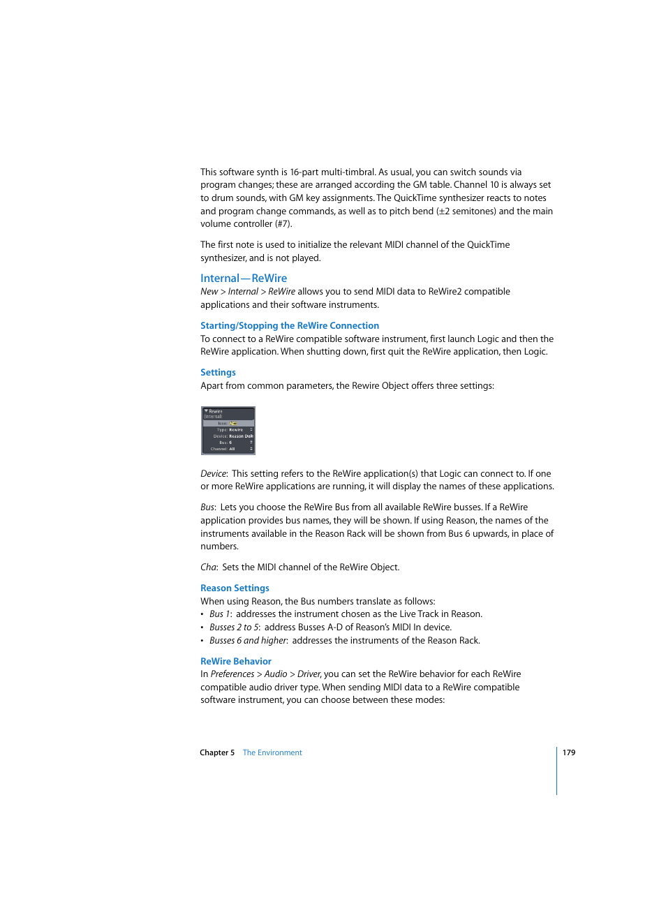 Internal—rewire, Starting/stopping the rewire connection, Settings | Reason settings, Rewire behavior | Apple Logic Express 7 User Manual | Page 179 / 522