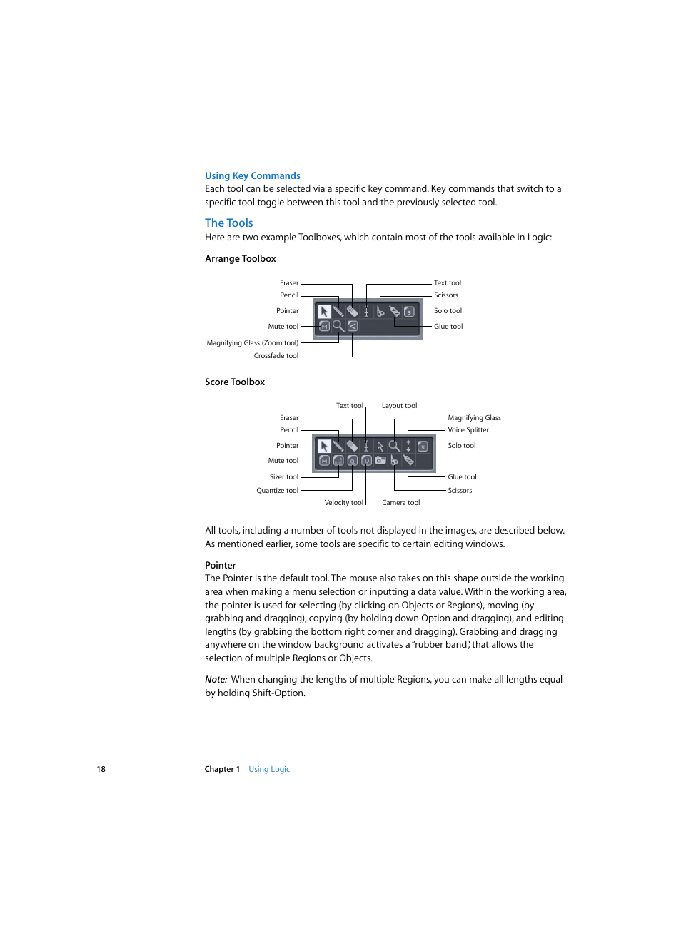 Using key commands, The tools | Apple Logic Express 7 User Manual | Page 18 / 522