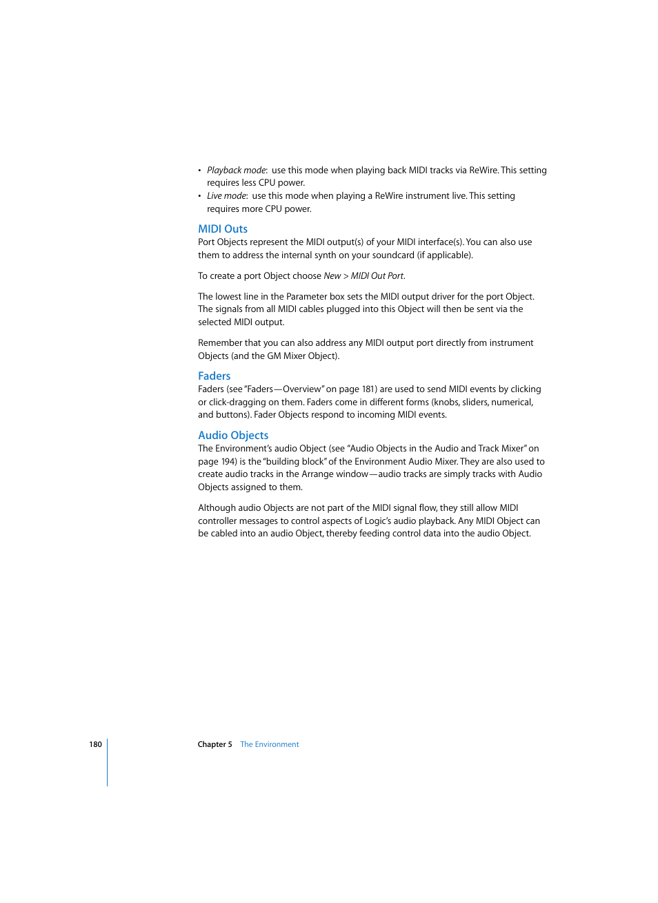 Midi outs, Faders, Audio objects | Apple Logic Express 7 User Manual | Page 180 / 522