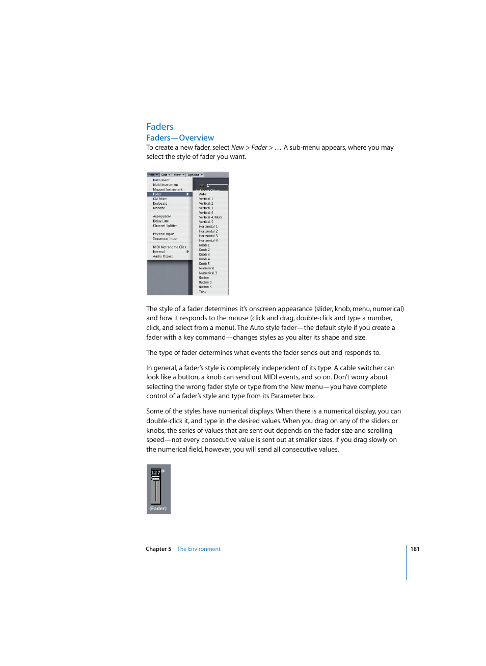 Faders, Faders—overview | Apple Logic Express 7 User Manual | Page 181 / 522