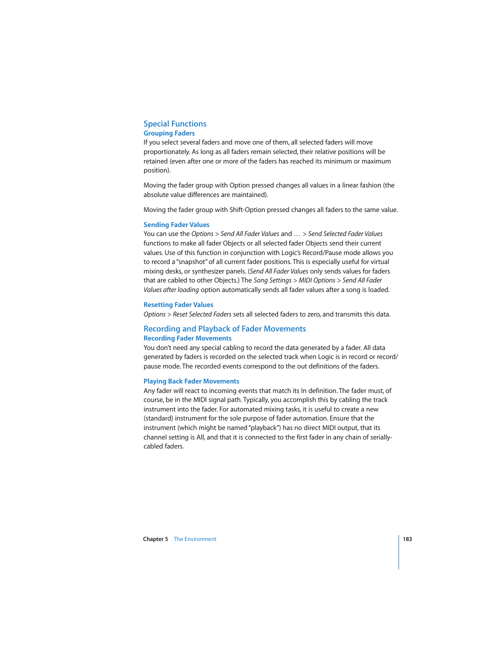 Special functions, Grouping faders, Sending fader values | Resetting fader values, Recording and playback of fader movements, Recording fader movements, Playing back fader movements | Apple Logic Express 7 User Manual | Page 183 / 522