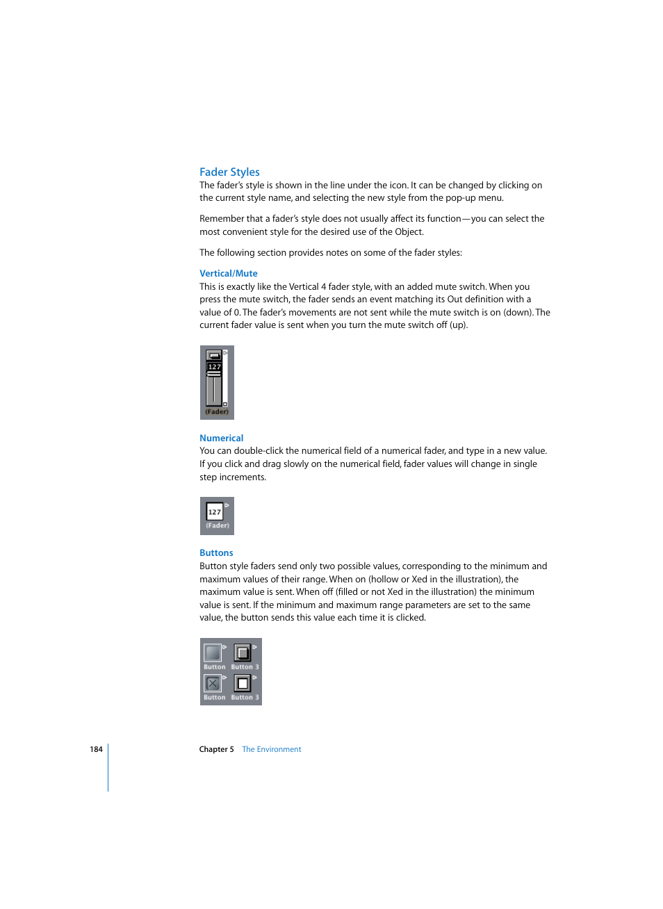 Fader styles, Vertical/mute, Numerical | Buttons | Apple Logic Express 7 User Manual | Page 184 / 522