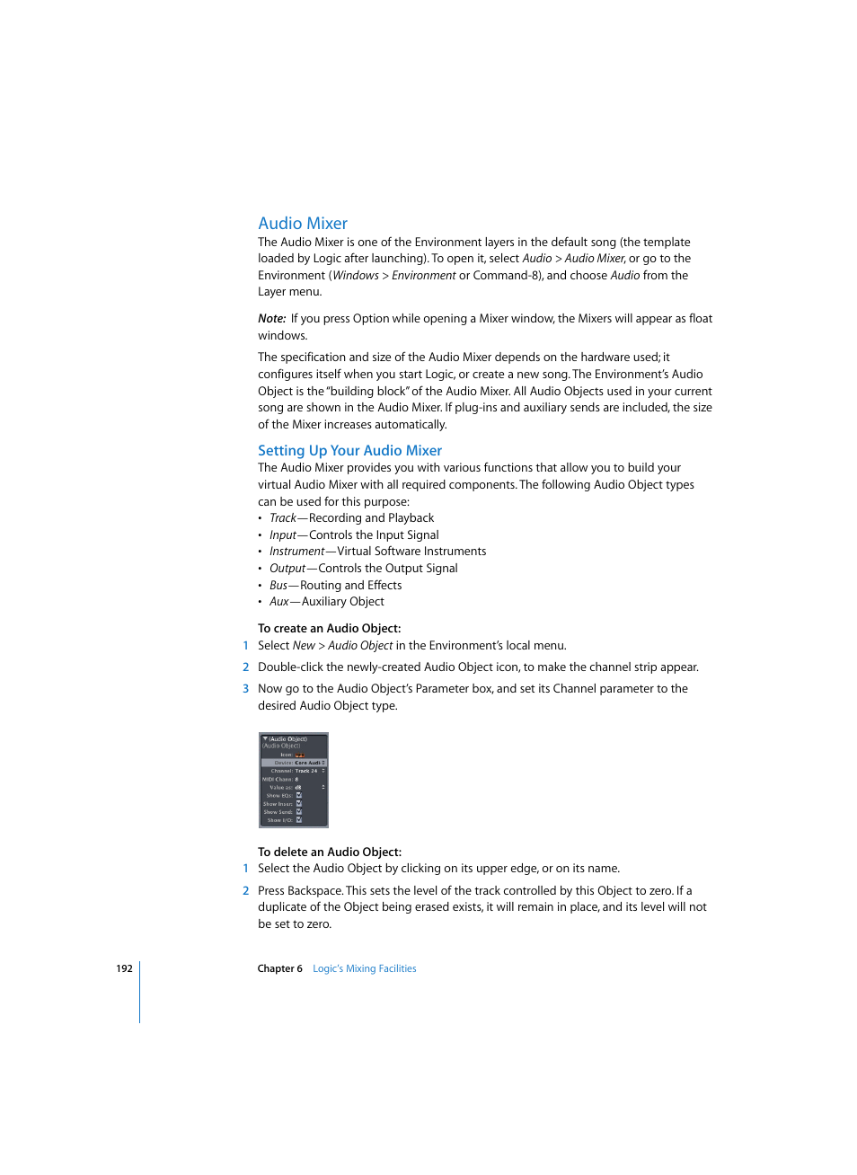 Audio mixer, Setting up your audio mixer | Apple Logic Express 7 User Manual | Page 192 / 522