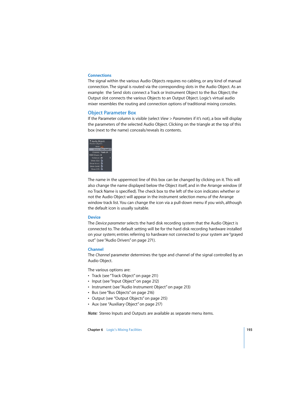 Connections, Object parameter box, Device | Channel | Apple Logic Express 7 User Manual | Page 193 / 522