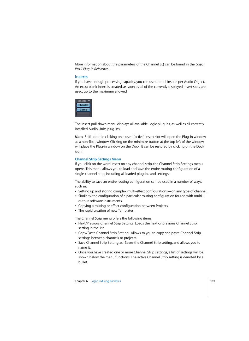 Inserts, Channel strip settings menu | Apple Logic Express 7 User Manual | Page 197 / 522